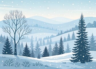 Snowy winter forest with pine trees and mountains