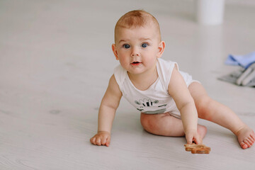 Horizontal portraot of beautiful 8 month baby boy laying on floor and playing with toys. Space for text. Happy childhood