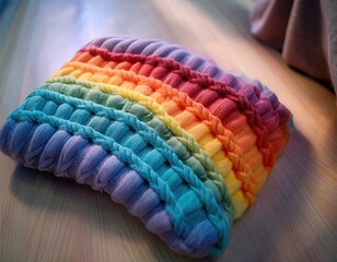 A vibrant rainbow cushion symbolizes love and inclusivity on a wooden table.