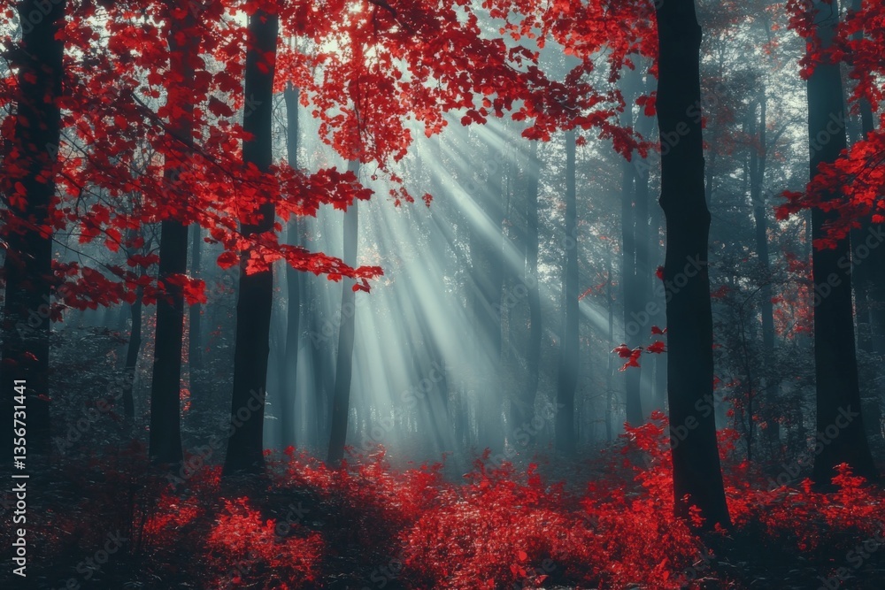 Poster vibrant red leaves in a misty forest with sunlight streaming through the trees during autumn