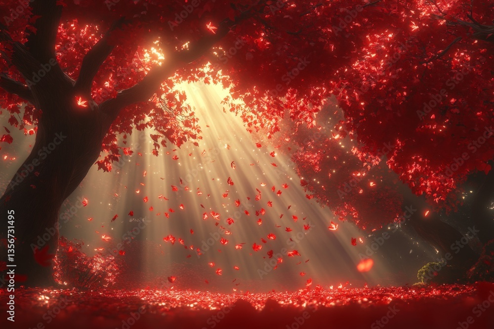 Poster Sunlight filters through vibrant red leaves in a serene forest during autumn, creating a magical atmosphere