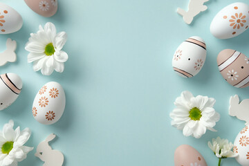 Easter eggs with floral patterns and bunny cutouts on a pastel blue background surrounded by white...