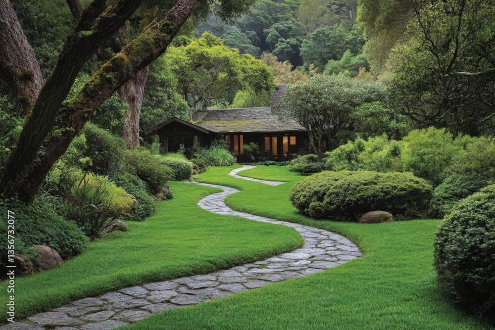 Aufkleber serene garden pathway winding through lush greenery alongside a charming house in a tranquil setting