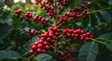 Obraz premium Coffee plant with ripe coffee cherries, close-up of beans, lush green foliage, natural sunlight.