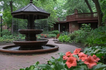 Obraz premium Beautiful garden fountain surrounded by blooming flowers and lush greenery in a quiet park setting during the day