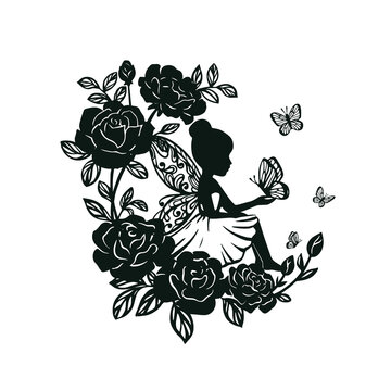 Silhouette of a fairy with flowers and moon. Vector illustration isolated on white background.