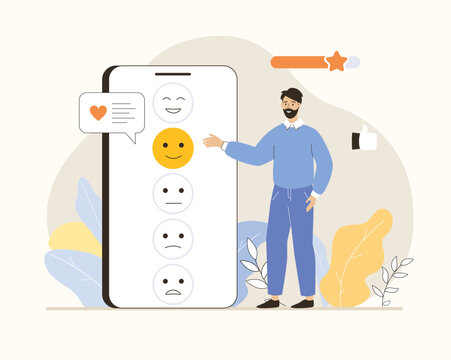 Customer feedback. Man choosing smile with good emotion for client experience evaluation.  Flat vector illustration.