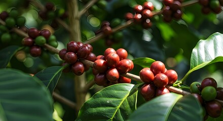 Coffee plant with ripe coffee cherries, close-up of beans, lush green foliage, natural sunlight.