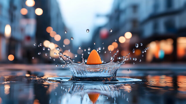 Orange Drop Creating Water Splash on City Street at Night