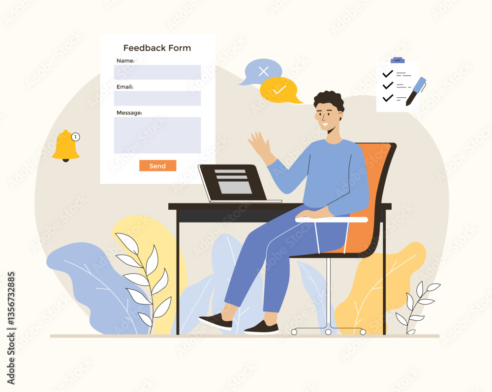 Poster feedback page concept. man giving review and filling webpage form with client experience. flat vecto