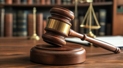Obraz premium Wooden Gavel on Sound Block with Law Books and Scales in Background
