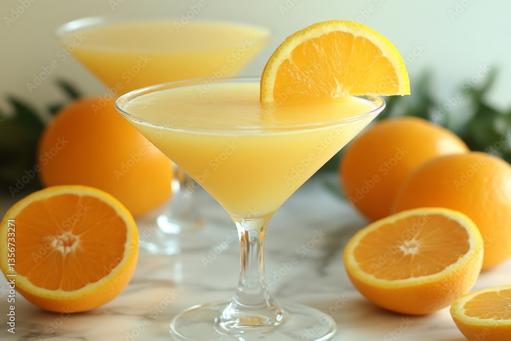 Poster refreshing citrus cocktail garnished with lemon and surrounded by fresh oranges