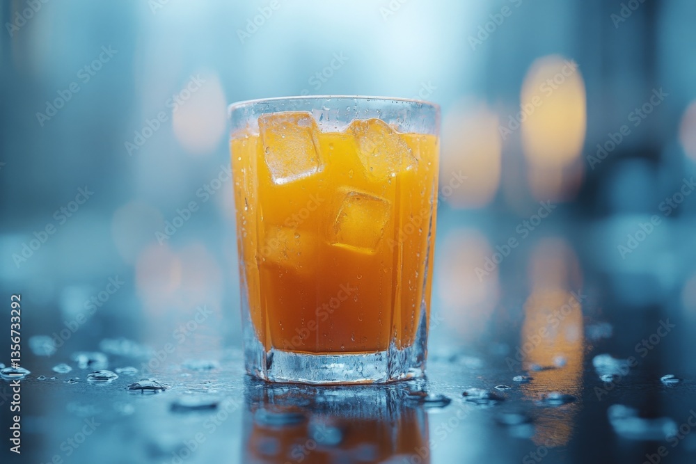 Poster Refreshing orange beverage with ice on a wet surface in an urban setting during twilight