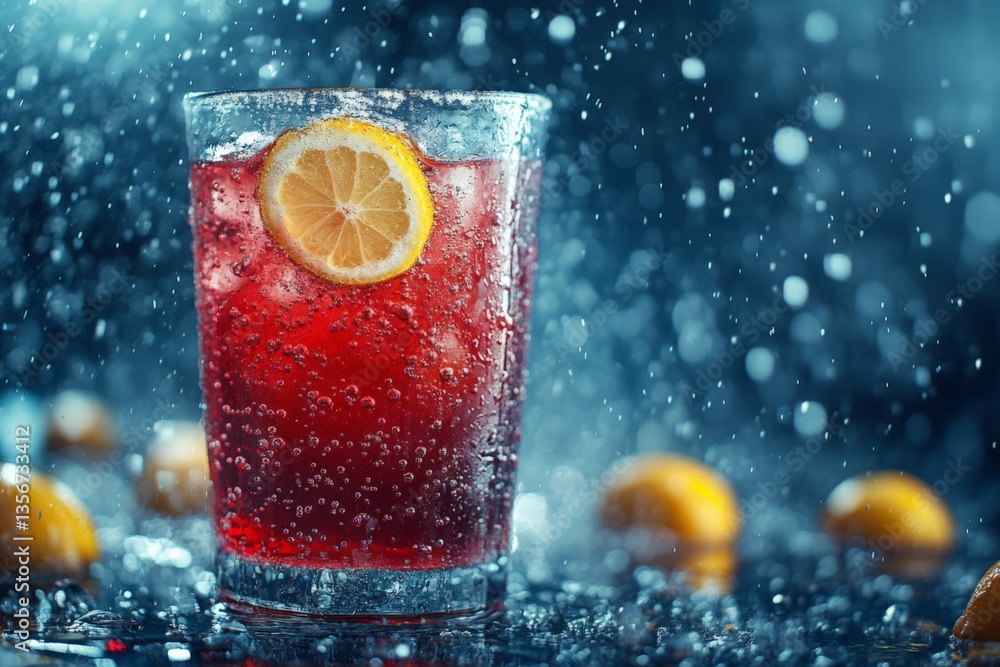 Poster Refreshing drink with lemon slice surrounded by splashes of water on a dark background during summer evening