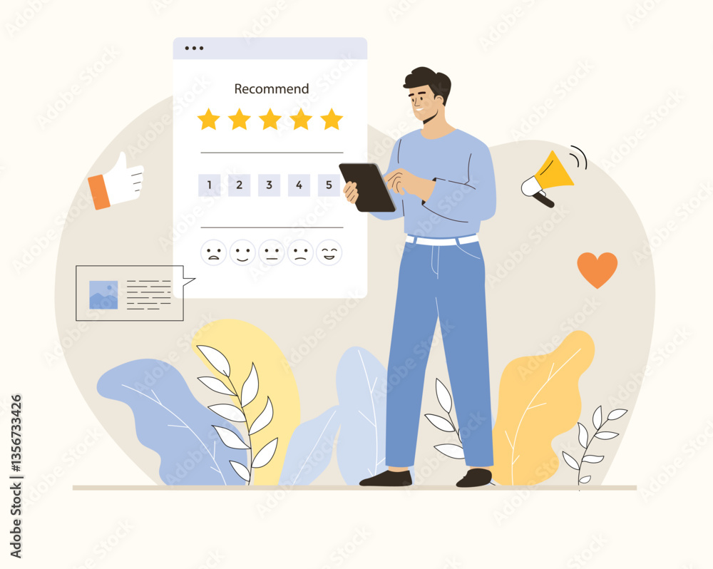 Poster feedback page concept. man giving review and filling webpage form with client experience. flat vecto