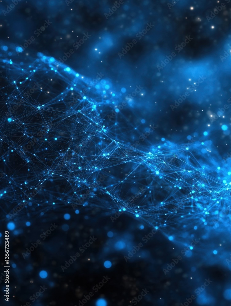 Poster abstract blue network with glowing connections and bokeh lights creating a futuristic data landscape