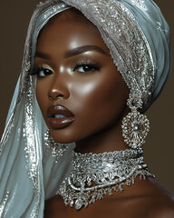 A beautiful Black woman wearing an intricate silver choker necklace with matching earrings and headscarf