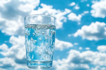 Clear sparkling water in a glass against a blue sky with fluffy white clouds during daylight hours