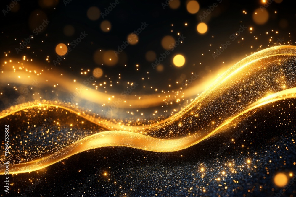 Poster Swirling golden light patterns create a mesmerizing display of shimmer and sparkle in a dark background setting