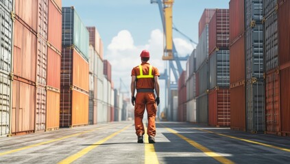 Fototapeta premium Worker standing between colorful shipping containers in a large industrial yard with a clear blue sky