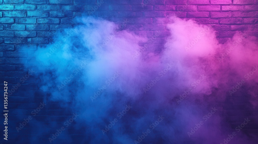 Poster Moody brick wall background with ethereal smoke illuminated by vibrant blue and pink gradient lighting creating a captivating visual effect