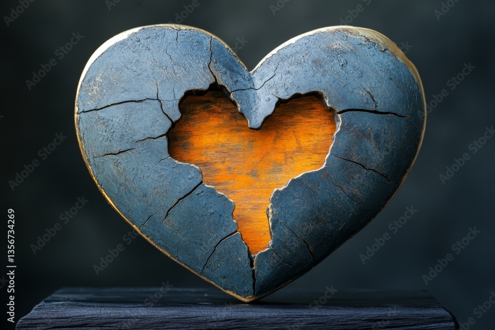 Poster unique heart sculpture with intricate cracks and warm center highlights artistic craftsmanship and e