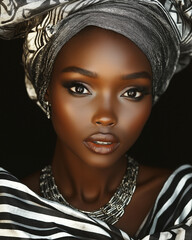 An African woman wearing a silver headdress and a black-and-white striped top