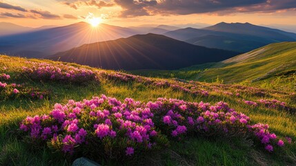 Obraz premium Sunset Over a Mountain Meadow with Pink Flowers