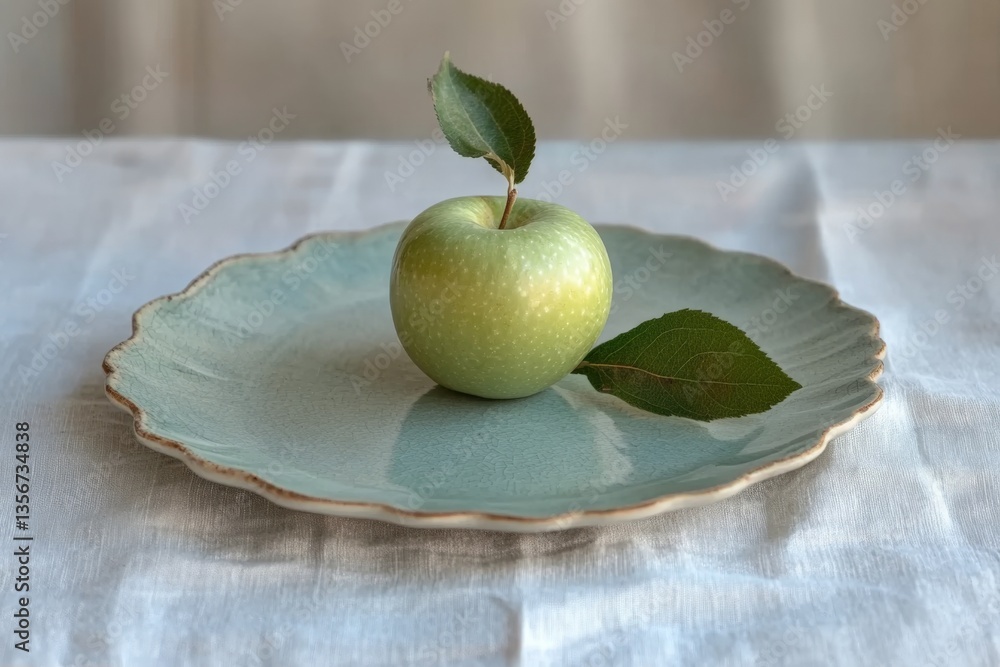 Poster fresh green apple with leaves placed on a simple turquoise plate on a light fabric surface