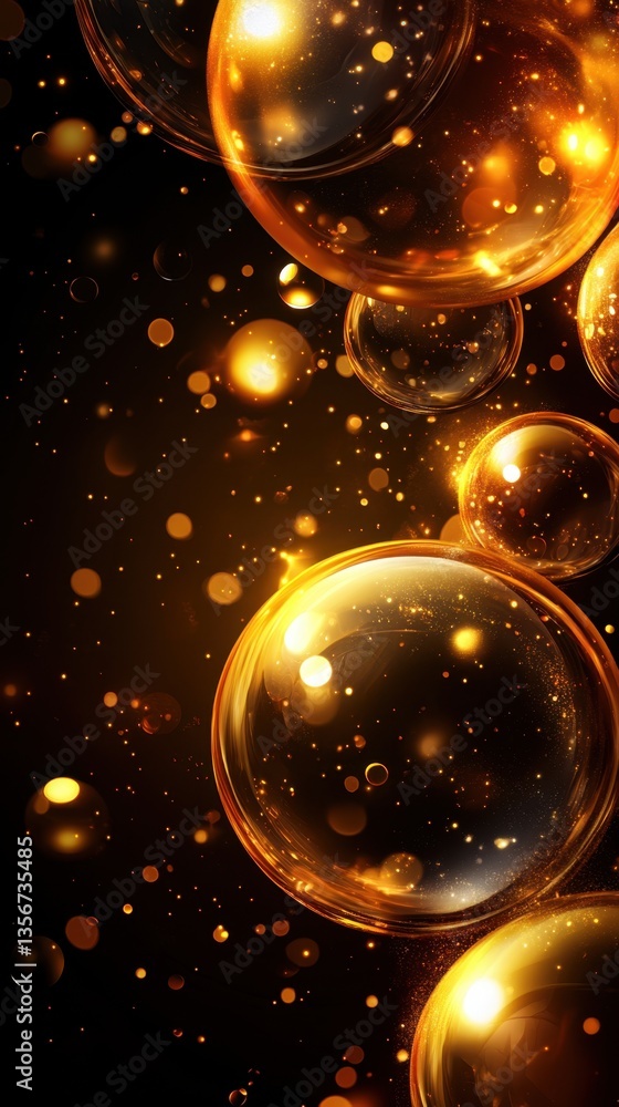 Poster golden bubbles floating in dark space with sparkling light abstract background for festive design