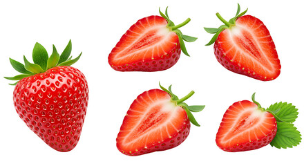 A sequence of fresh Strawberry displayed in four variations a whole Strawberry, an Strawberry cut in half revealing