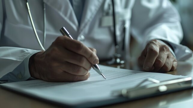 A doctor writing notes in a patient file, struggling with the emotional impact of breaking bad news