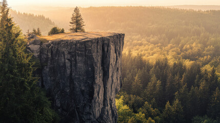 An awe-inspiring nature shot featuring a massive rock formation, standing uniquely among a forested valley