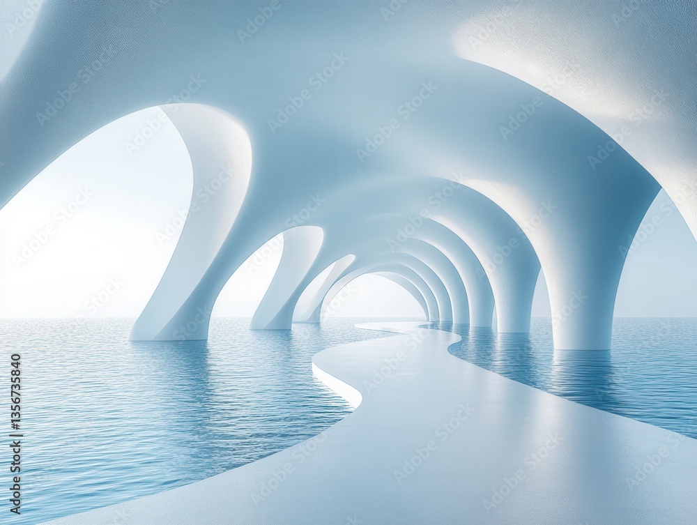 Poster serene futuristic architecture featuring a pathway over water with organic archways and columns in a