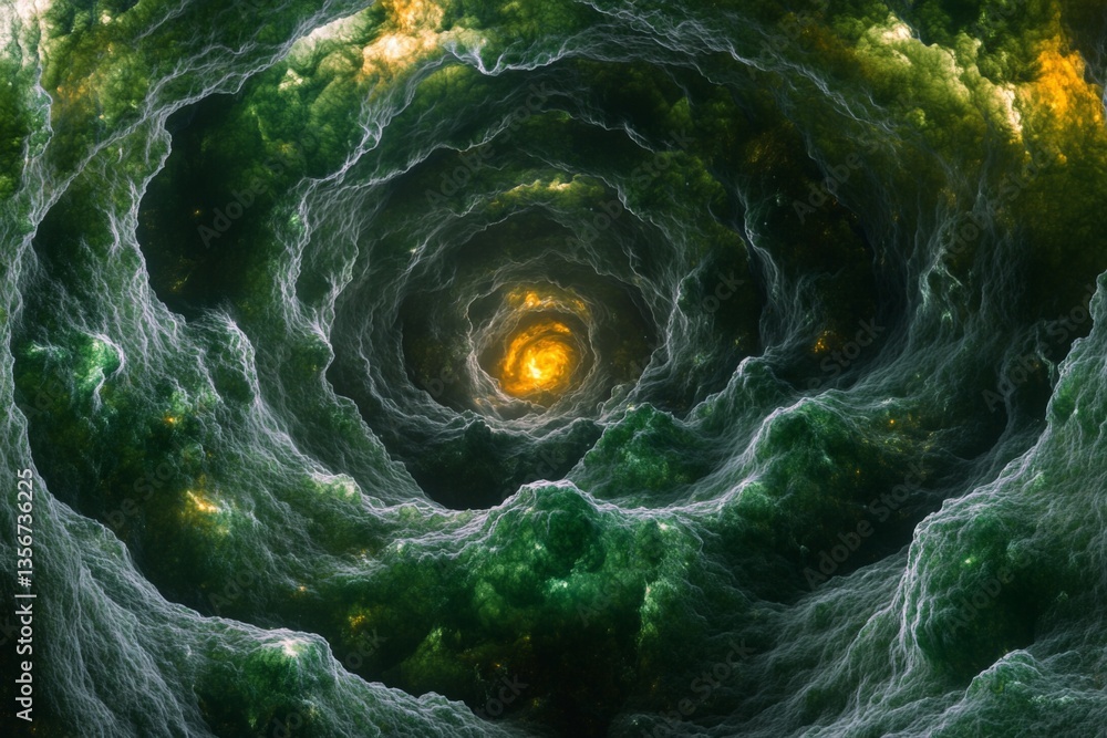 Poster Swirling green and gold vortex in deep space with bright focal point creating a cosmic view