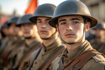 Fototapeta premium Soldiers in uniform participate in a historical reenactment event at a military camp under afternoon sunlight