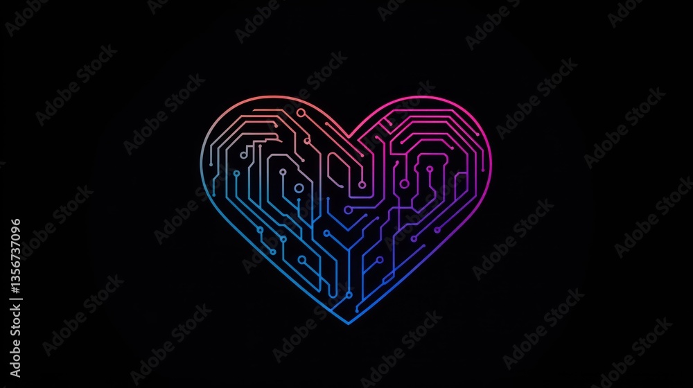 Poster digital heart circuit board with gradient colors on dark background