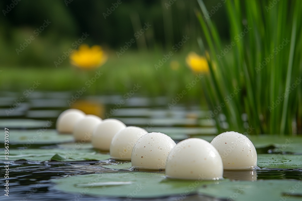 Poster White spherical objects floating on lily pads in a tranquil pond during daylight
