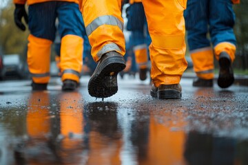 Workers in bright orange rain gear walk on wet pavement during a rainy day in an urban environment