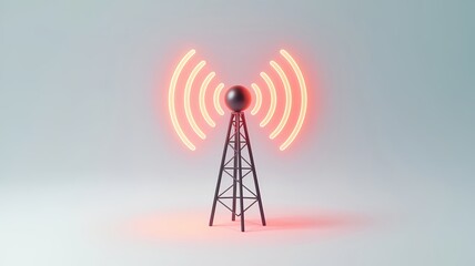 Wireless communication tower with glowing red signal waves on white background