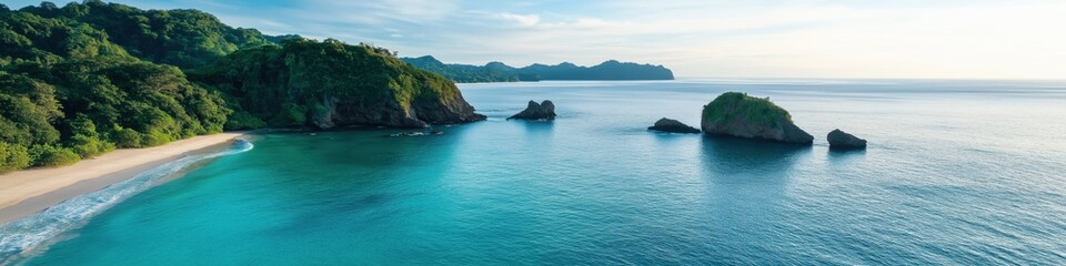 A beautiful ocean view with a rocky shoreline. The water is calm and clear, and the sky is blue