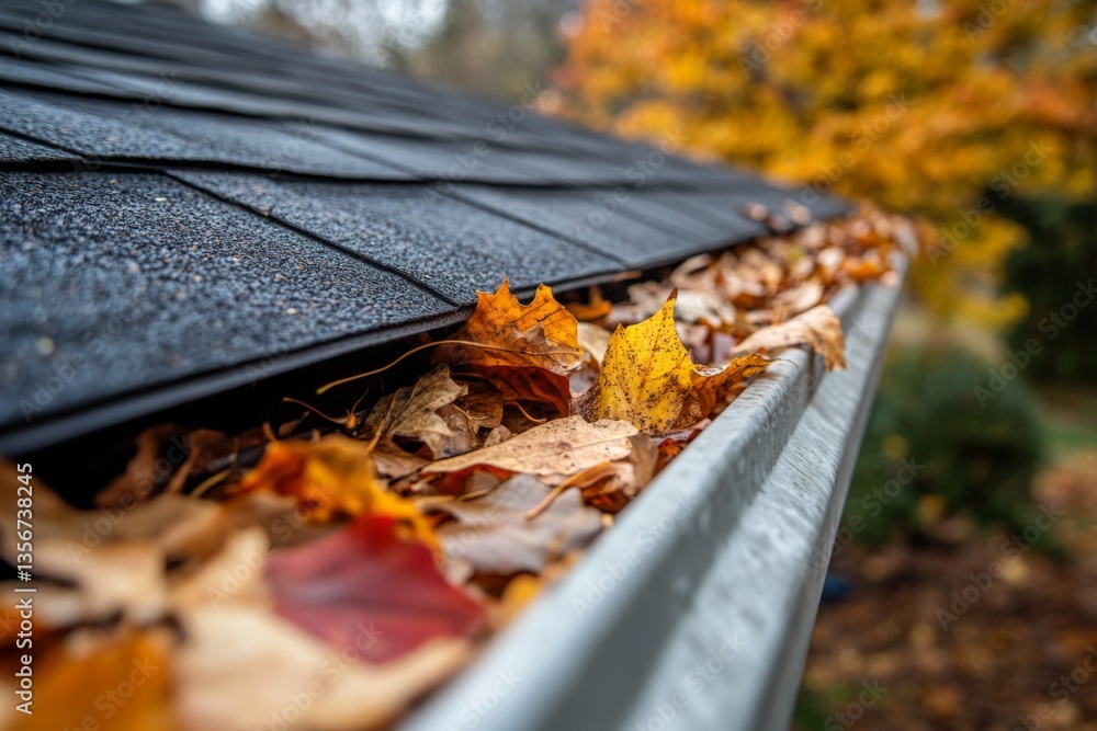 Poster Leaves accumulate in a gutter during autumn at a suburban home while trees display vibrant colors