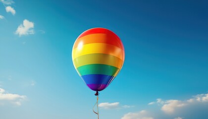 Fototapeta premium A rainbow balloon rises in a clear sky, symbolizing love and diversity at a pride event.