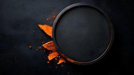 Orange Powder on Black Background with Round Frame