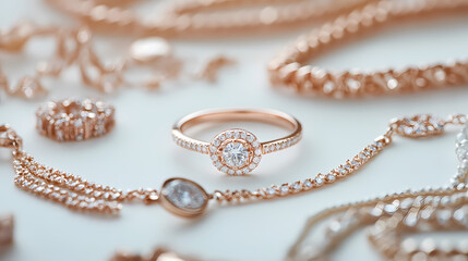 Sparkling Jewelry Collection:  A dazzling display of exquisite jewelry, meticulously arranged and captured with a focus on brilliance and elegance. The array showcases different styles of rings.