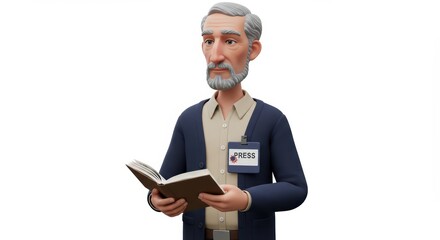 Cartoon Journalist Reading Book with Press Pass Standing on White Background