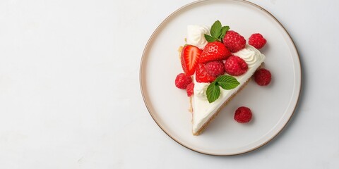 A slice of strawberry cheesecake with whipped cream and raspberries on top. The plate is white and the dessert is the main focus of the image