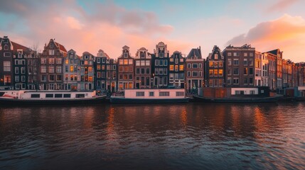 Fototapeta premium Amsterdam Canal Houses at Sunset
