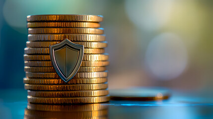 Protected Wealth: A stack of gold coins stands tall, shielded by a symbolic emblem, representing financial security. This image evokes a sense of trust and confidence.