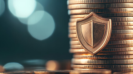 Financial Shield: A symbolic image of financial security, featuring a golden shield placed prominently beside a stack of gleaming gold coins, implying protection and safety for wealth.